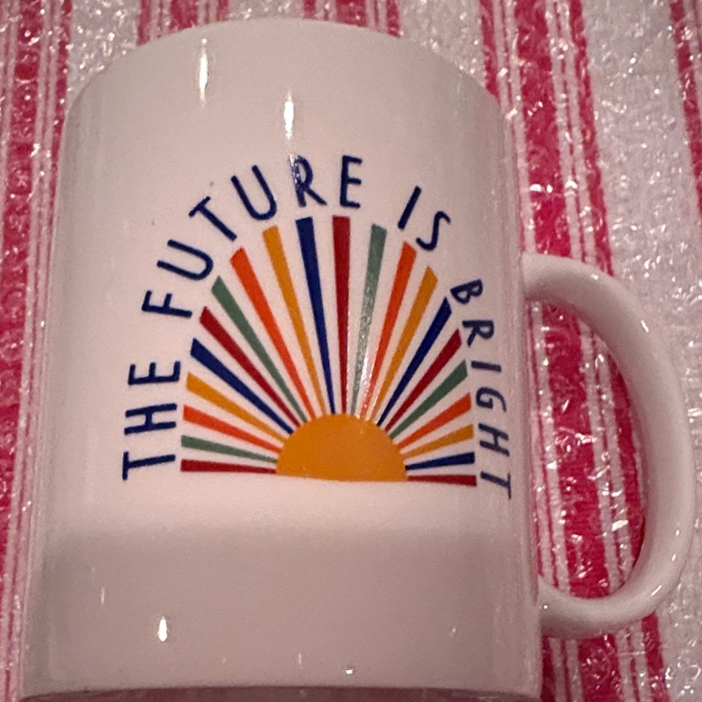 Target White Ceramic Mug with Multicolor Sunrise Graphic and Navy Text
